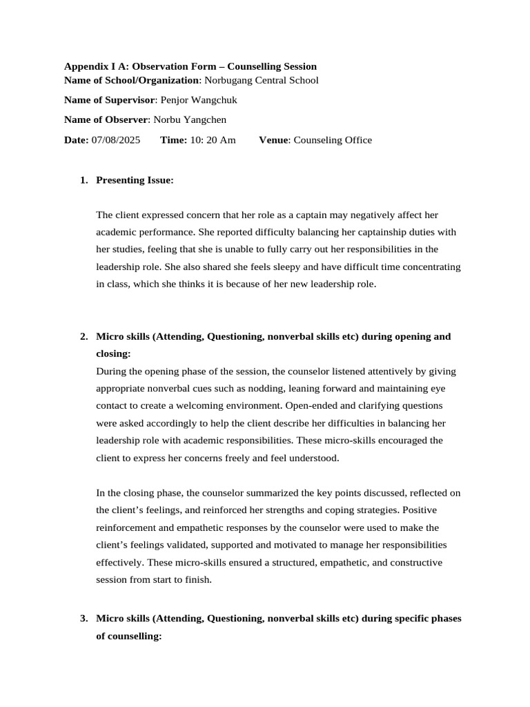 Counselling Session Observation Form | PDF | Psychotherapy | Nonverbal ...