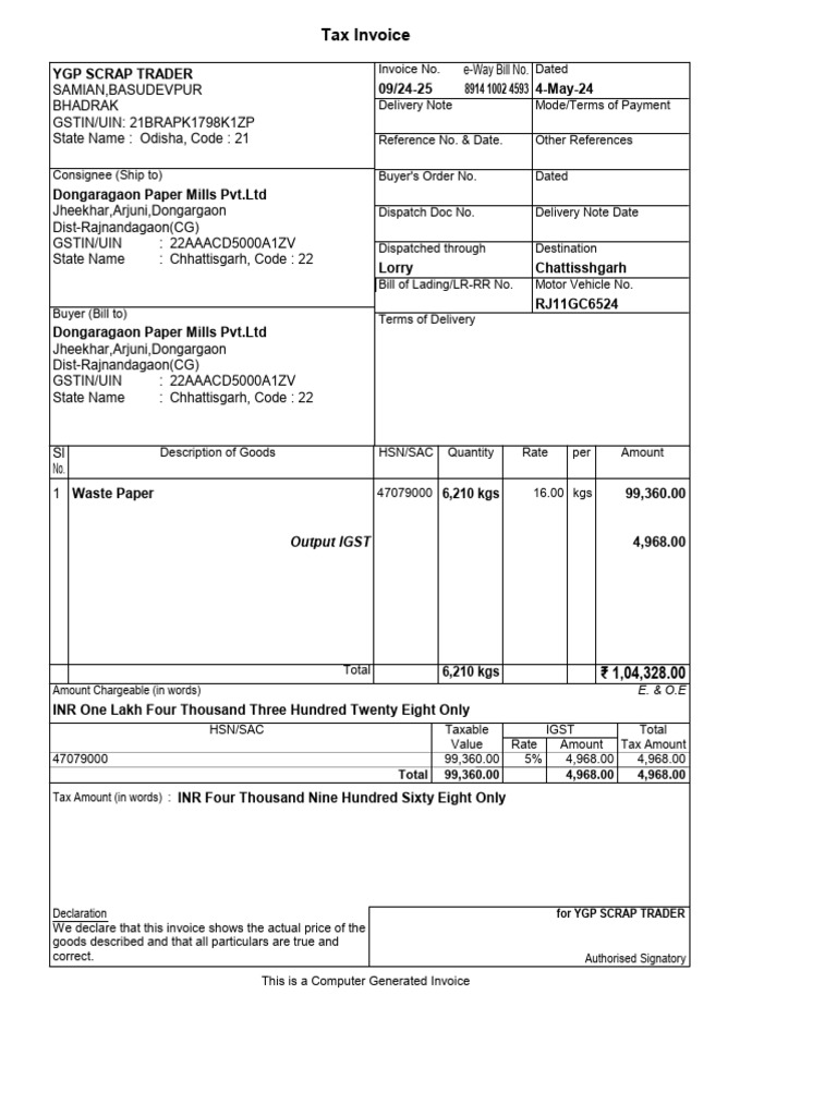 Tax Invoice for Waste Paper Sale | PDF | Government Finances | Payments