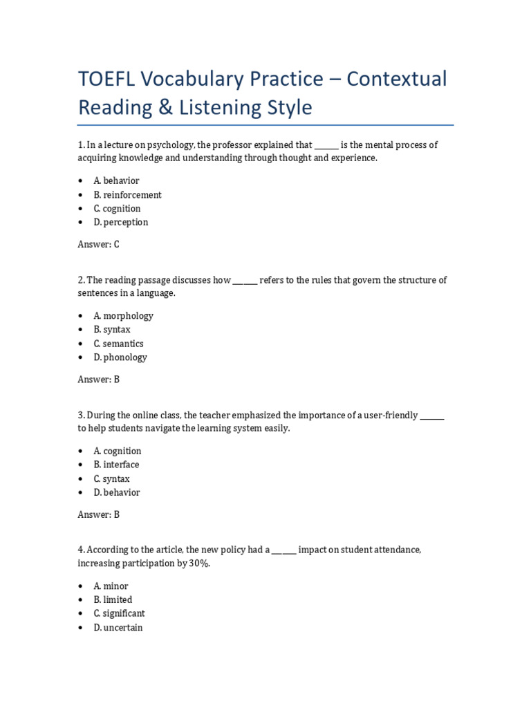 TOEFL Vocabulary Contextual Questions | PDF