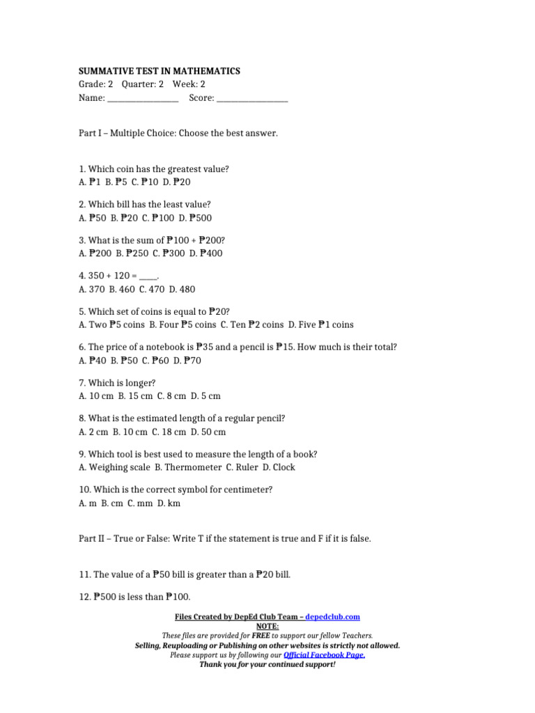 Grade 2 Math Summative Test | PDF