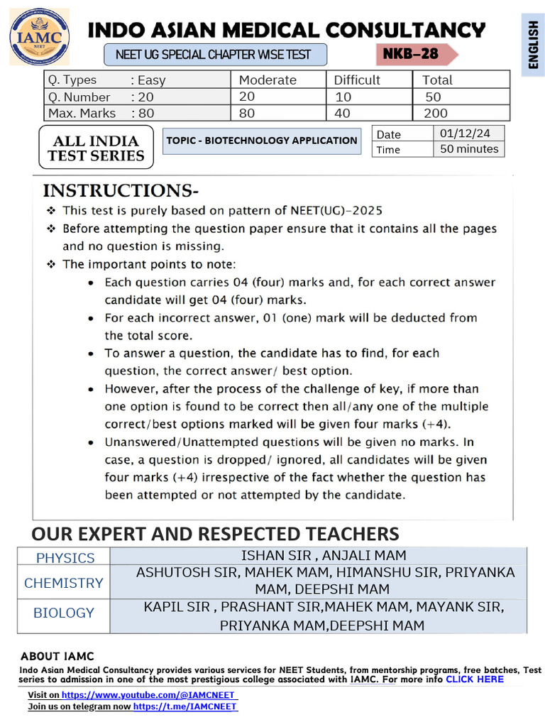 NEET 2025 Biotechnology Test Instructions | PDF | Genetically Modified ...