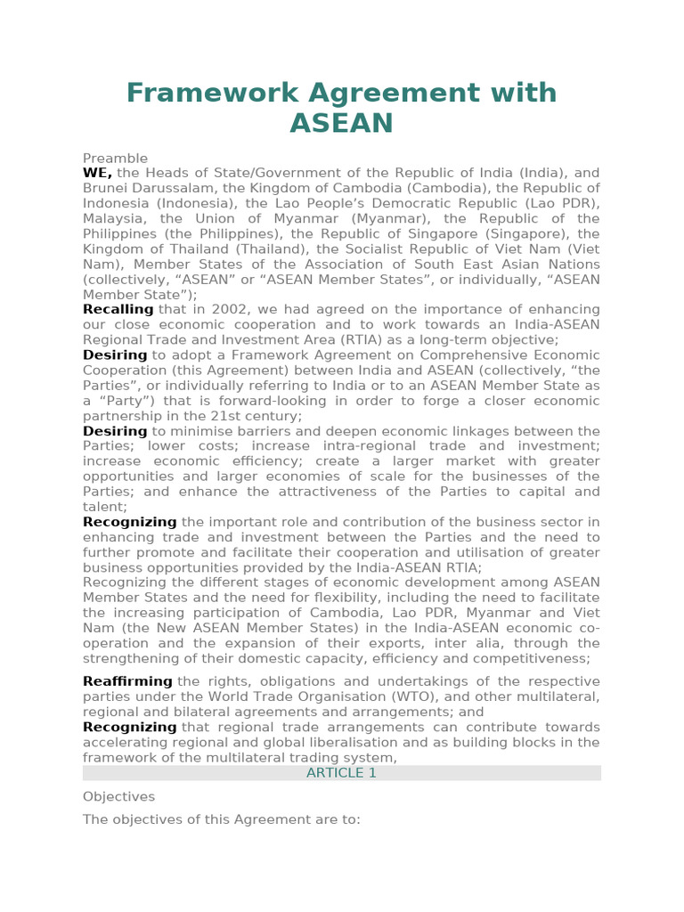 ASEAN Framework | PDF | Most Favoured Nation | World Trade Organization