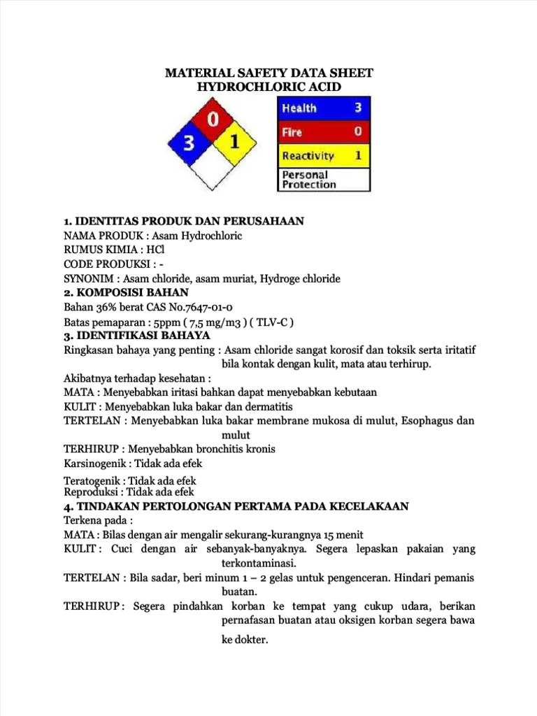 Hydrochloric Acid Safety Data Sheet | PDF