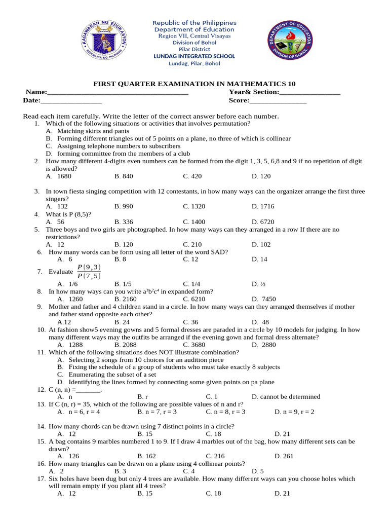 Math 10 First Quarter Exam Bohol | PDF | Probability