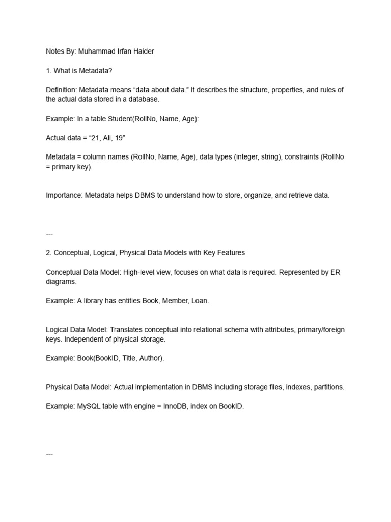 Database Notes by - Muhammad Irfan Haider | PDF | Databases ...