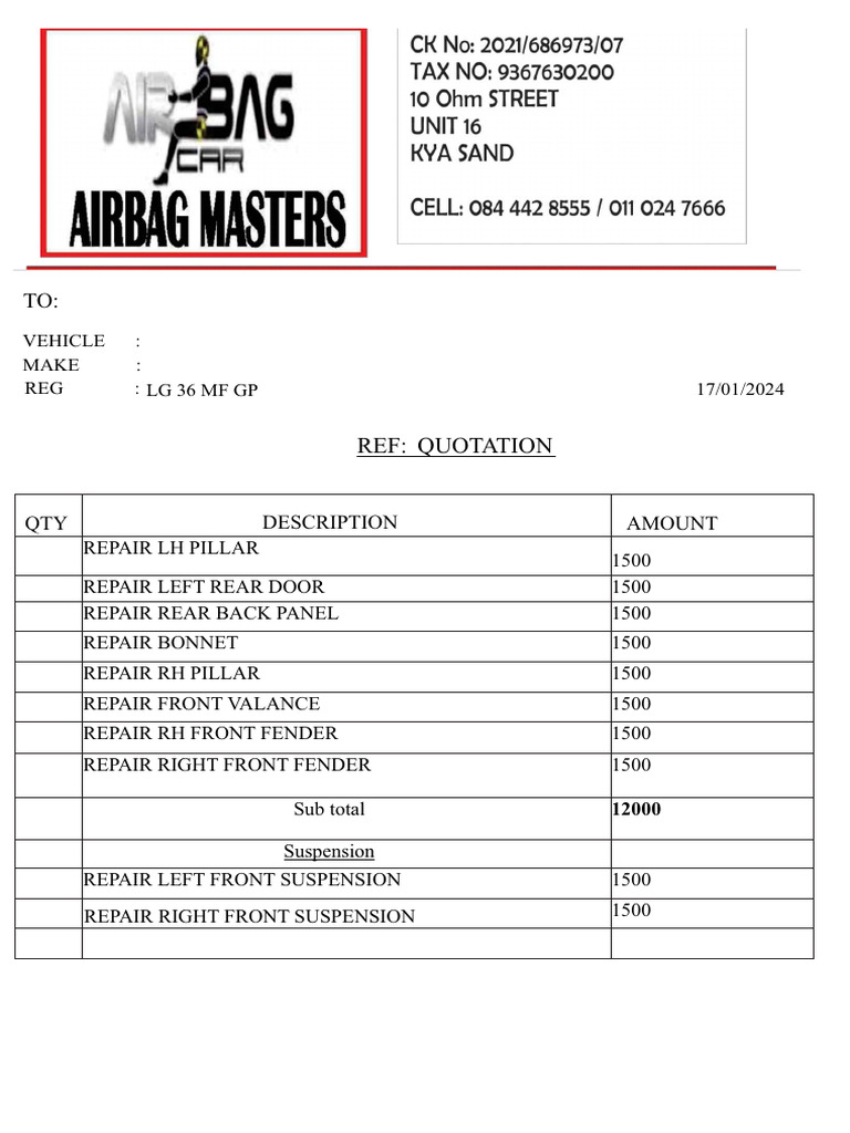Vehicle Repair Quotation Breakdown | PDF