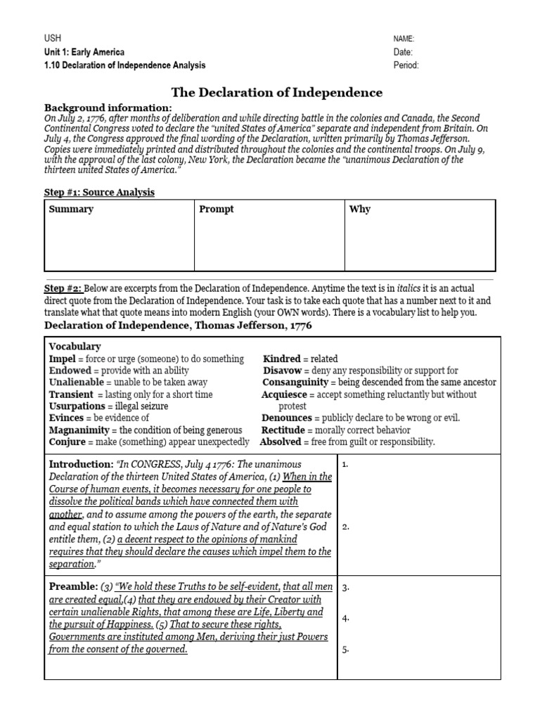 Declaration of Independence Analysis Key | PDF | United States ...