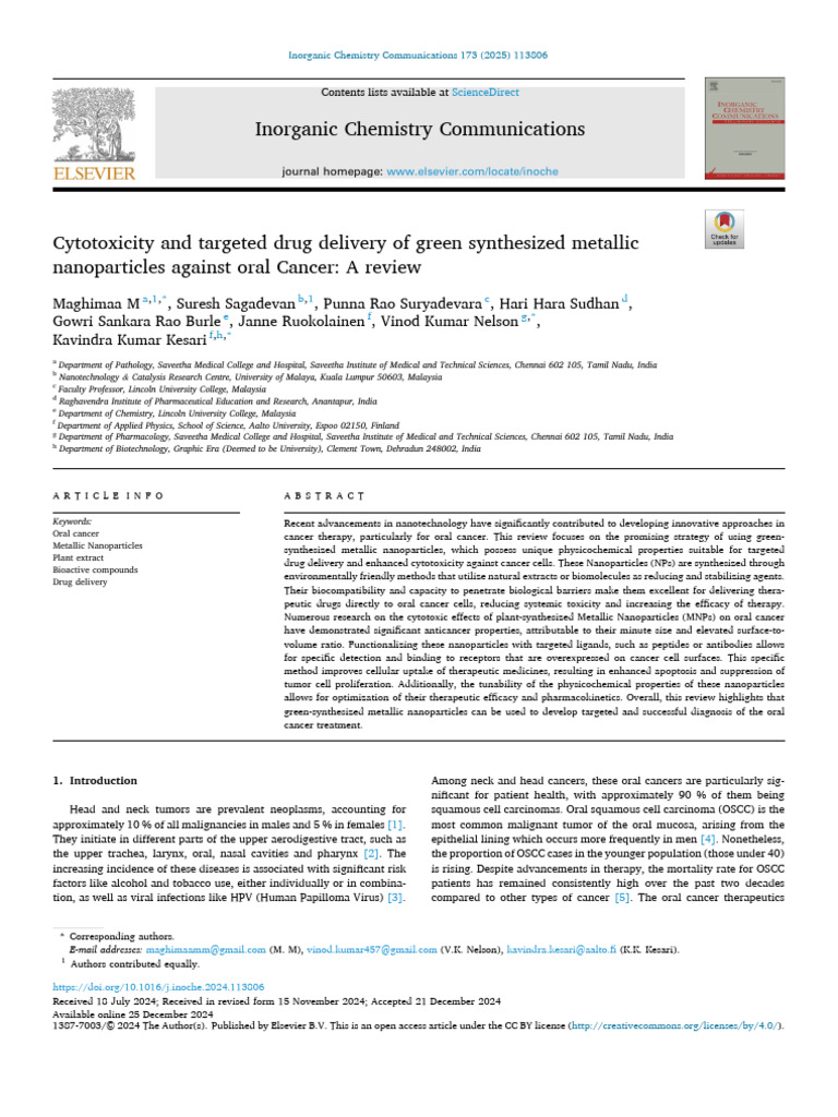 Green Metallic Nanoparticles for Oral Cancer | PDF | Cancer | Chemotherapy