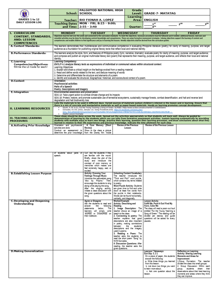 Grade 7 English Daily Lesson Plan | PDF | Curriculum | Human Communication