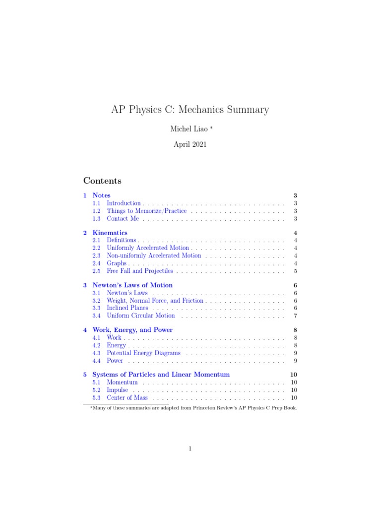 AP Physics C Mechanics Summary Guide | PDF | Force | Friction