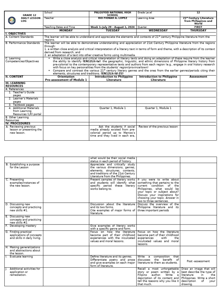 Grade 12 Daily Lesson Log: 21st Century Literature | PDF | Learning ...