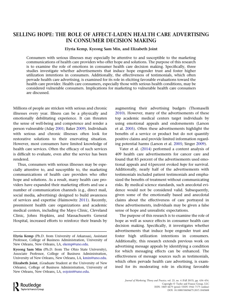 Selling Hope - The Role of Affect-Laden Health Care Advertising in ...