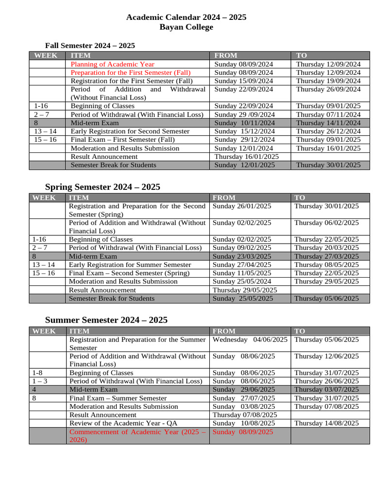 Bayan College Academic Calendar 2024-2025 | PDF | Academic Term | Schools