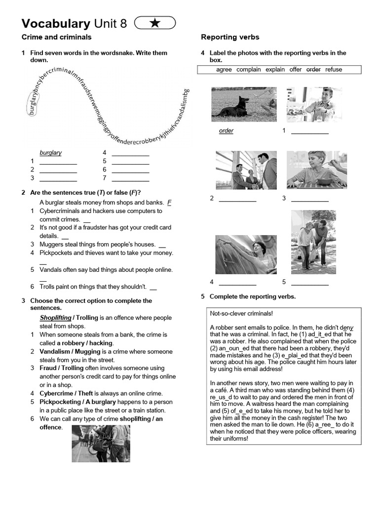 Crime Vocabulary and Reporting Verbs | PDF | Robbery | Burglary
