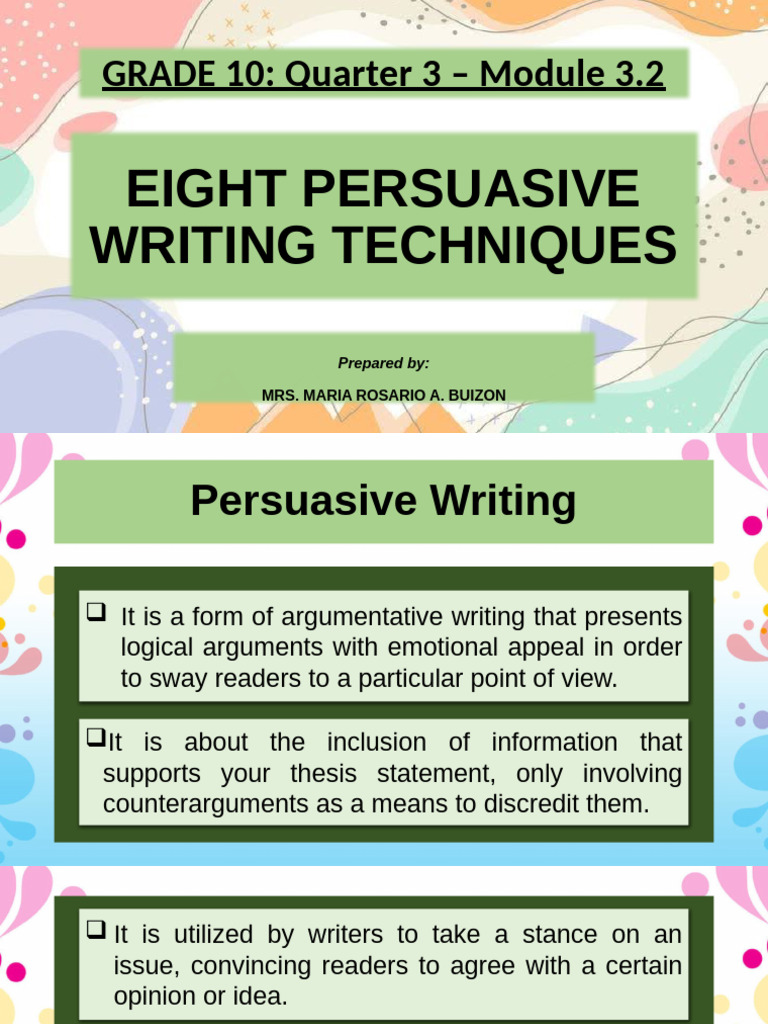 Persuasive Writing Techniques Guide | PDF | Persuasion | Essays