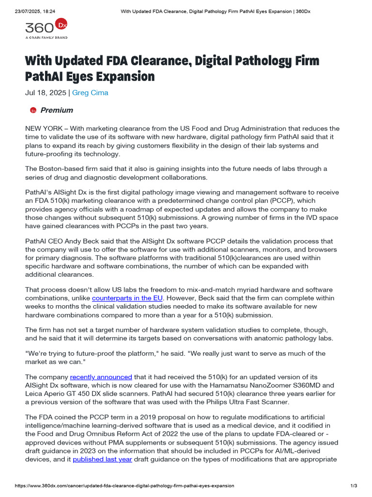 PathAI Secures FDA Clearance for Expansion | PDF | Pathology | Food And ...