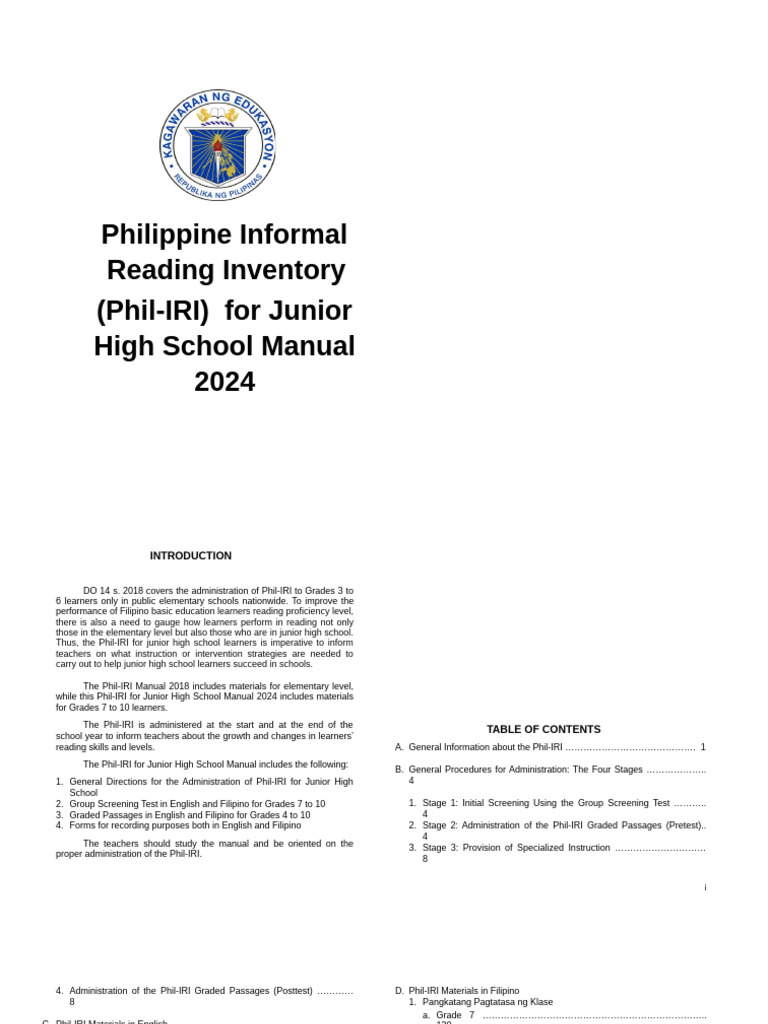 Phil-IRI Manual for Junior High School | PDF | Reading Comprehension ...