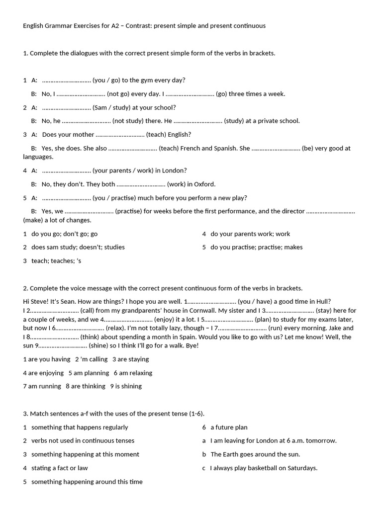 A2 Present Simple vs Continuous Exercises | PDF | Linguistics | Grammar