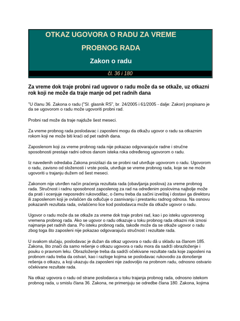 Mišljenje Ministarstva Rada - Otkaz Ugovora o Radu Za Vreme Probnog ...