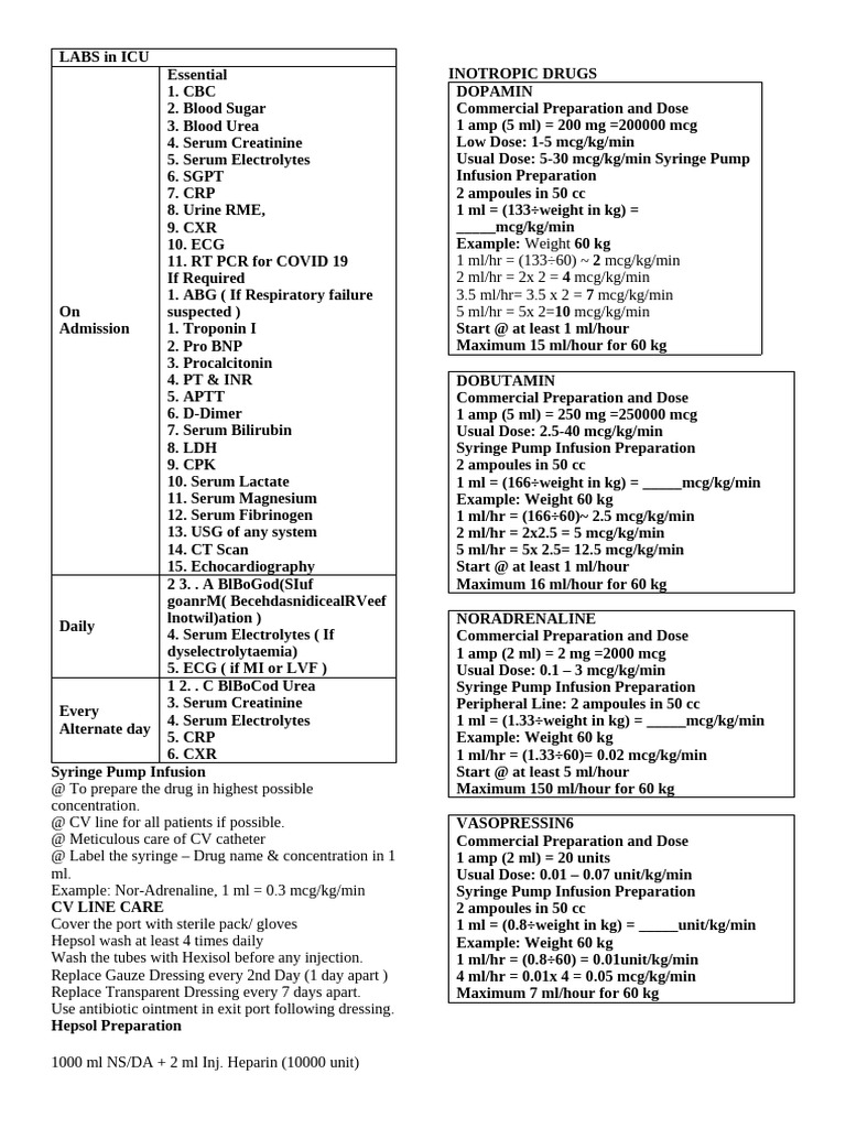 Essential ICU Lab Tests and Infusions | PDF | Intravenous Therapy | Syringe