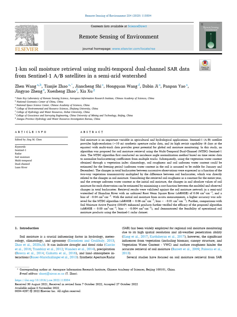 1-Km Soil Moisture Retrieval Using Multi-Temporal Dual-Channel SAR Data ...