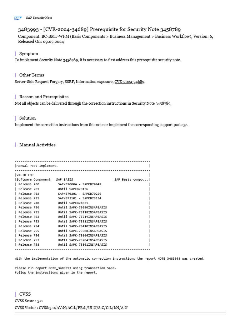 CVE-2024-34689 SAP Security Note Prerequisite | PDF | Computing ...