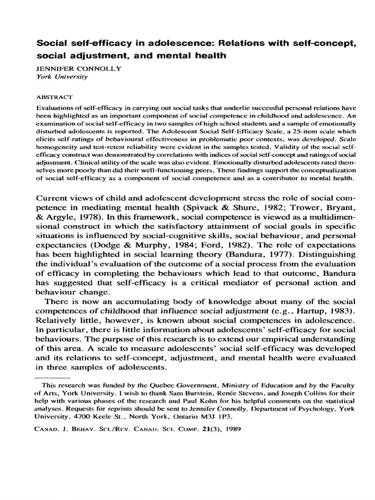 Adolescent Social Self-Efficacy Study | PDF | Self Efficacy | Self Concept