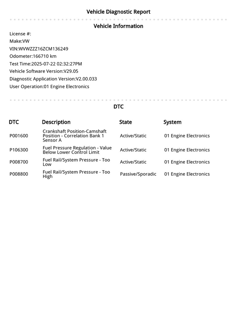 VW Vehicle Diagnostic Report Summary | PDF