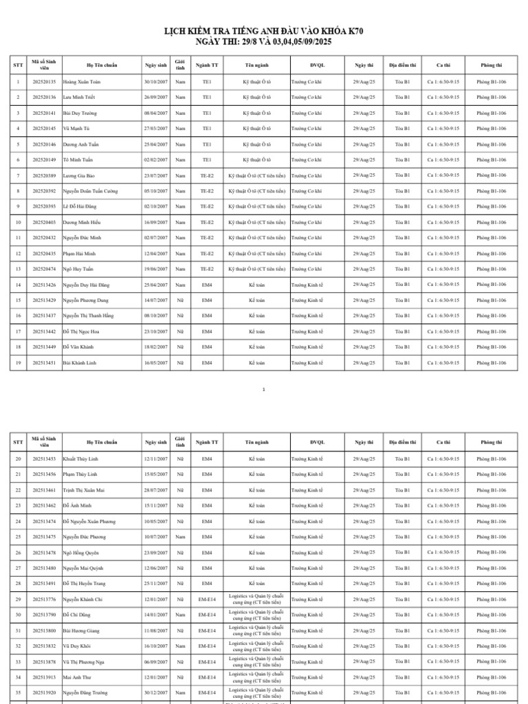 Lich Thi Tadv k70 Full 27082025 | PDF