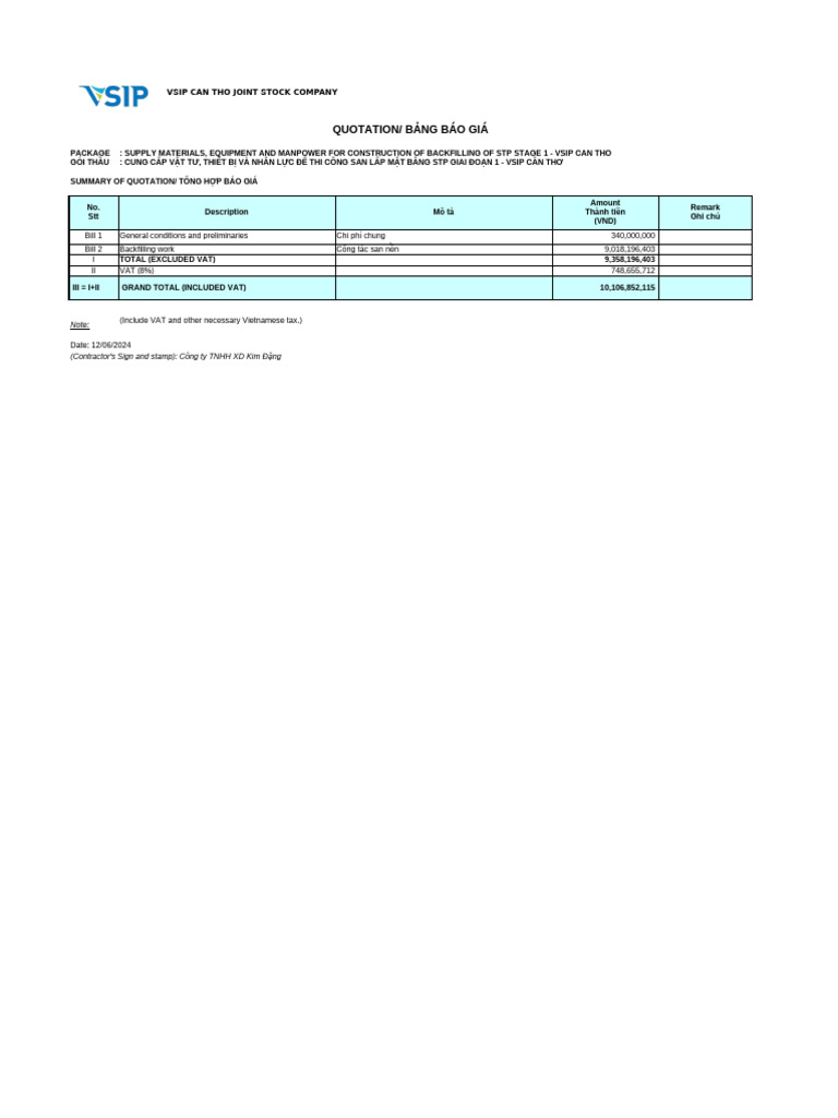 VSIP CT - Backfilling STP - Form of Quotation | PDF