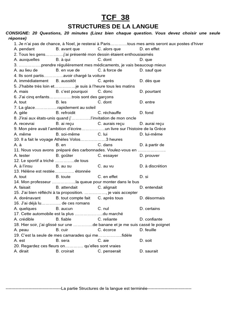 Questions de langue pour le TCF 38 | PDF