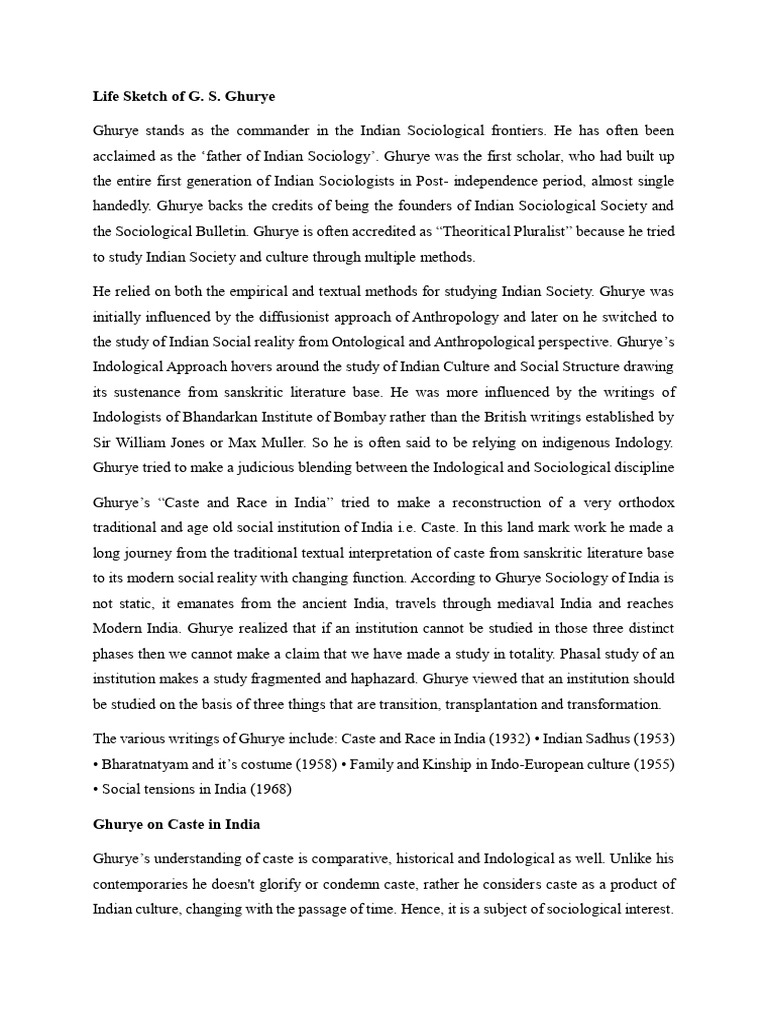 Life Sketch of G. S. Ghurye | PDF | Caste