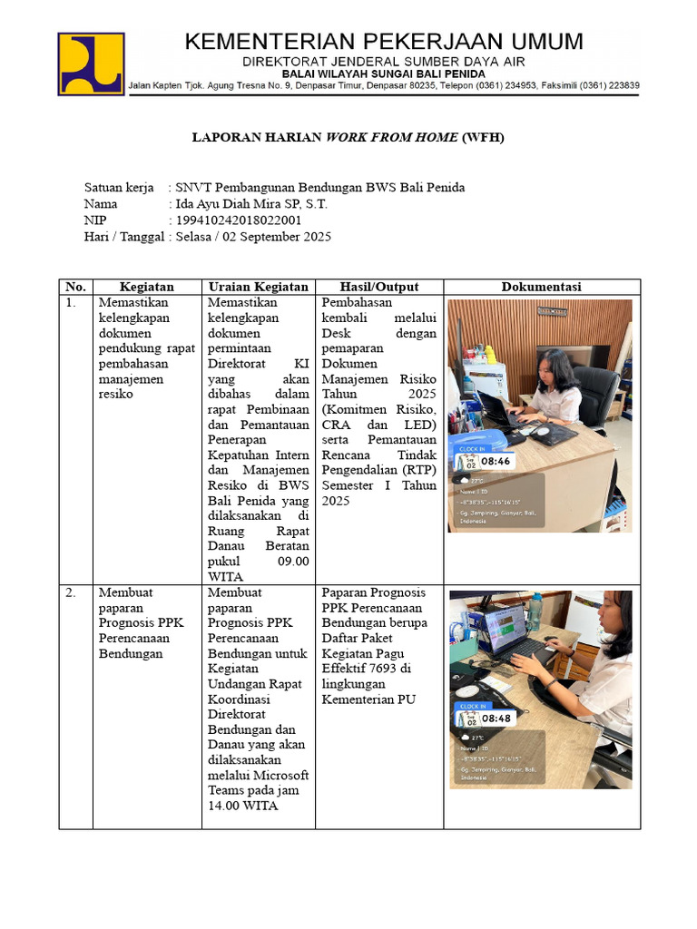Laporan Harian WFH SNVT Pembangunan | PDF