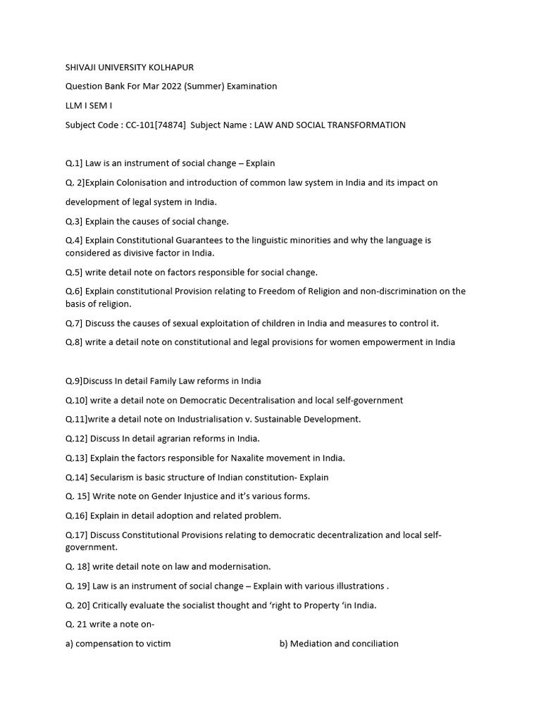 LLM Exam Questions on Law & Social Change | PDF | Minority Group ...