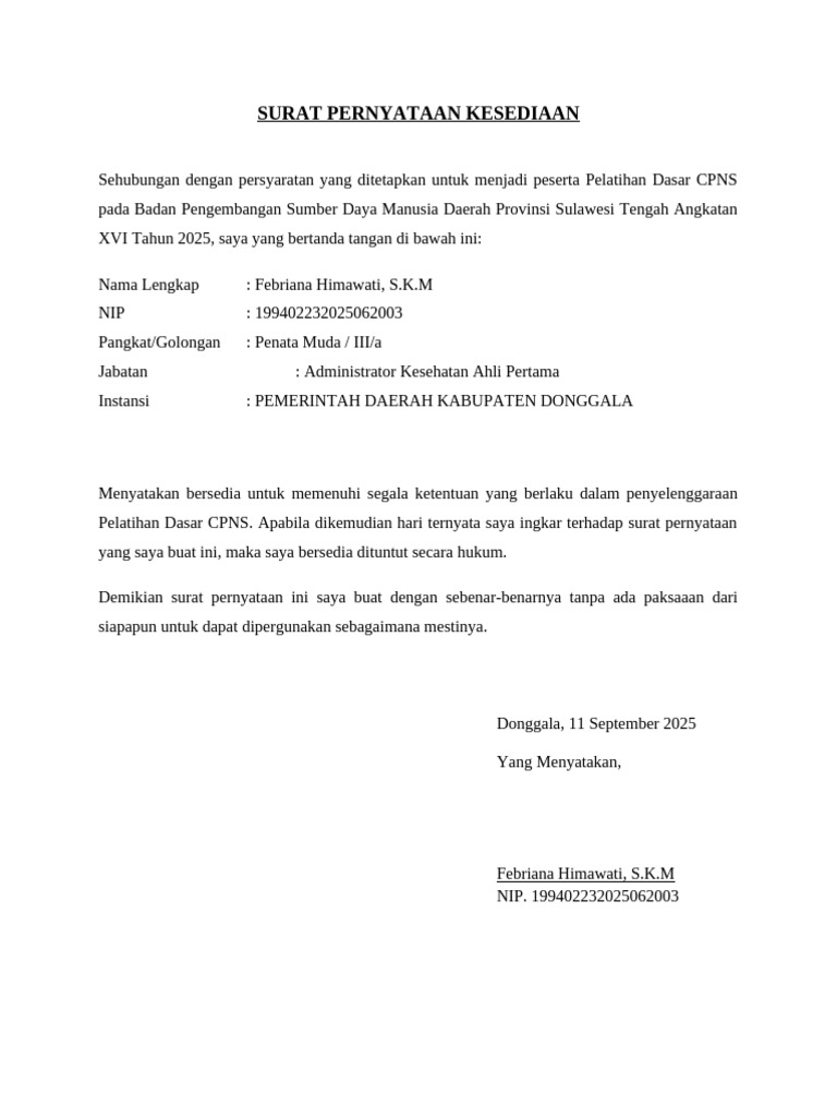 Contoh Surat Pernyataan Kesediaan | PDF