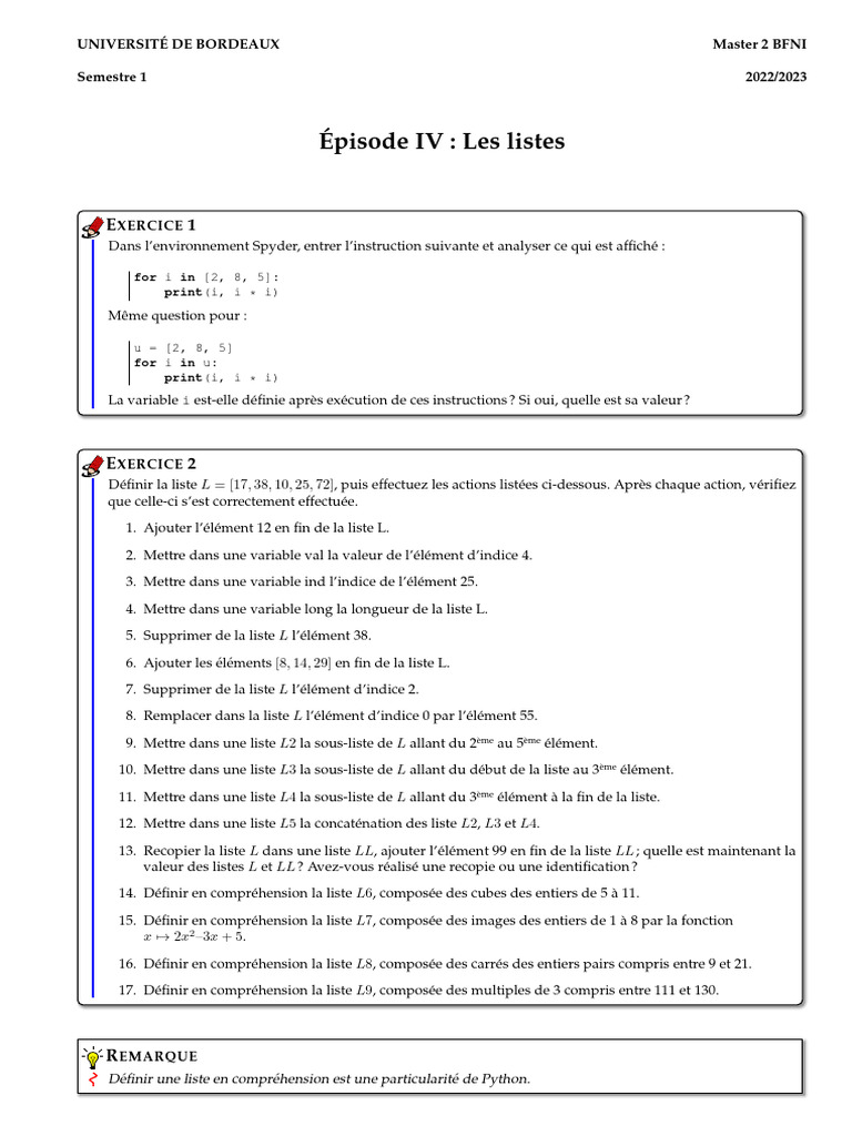Exercices Python sur les listes et fonctions | PDF | Échecs | Théorie ...