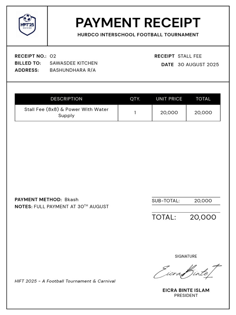 Hurdco Football Tournament Payment Receipt | PDF