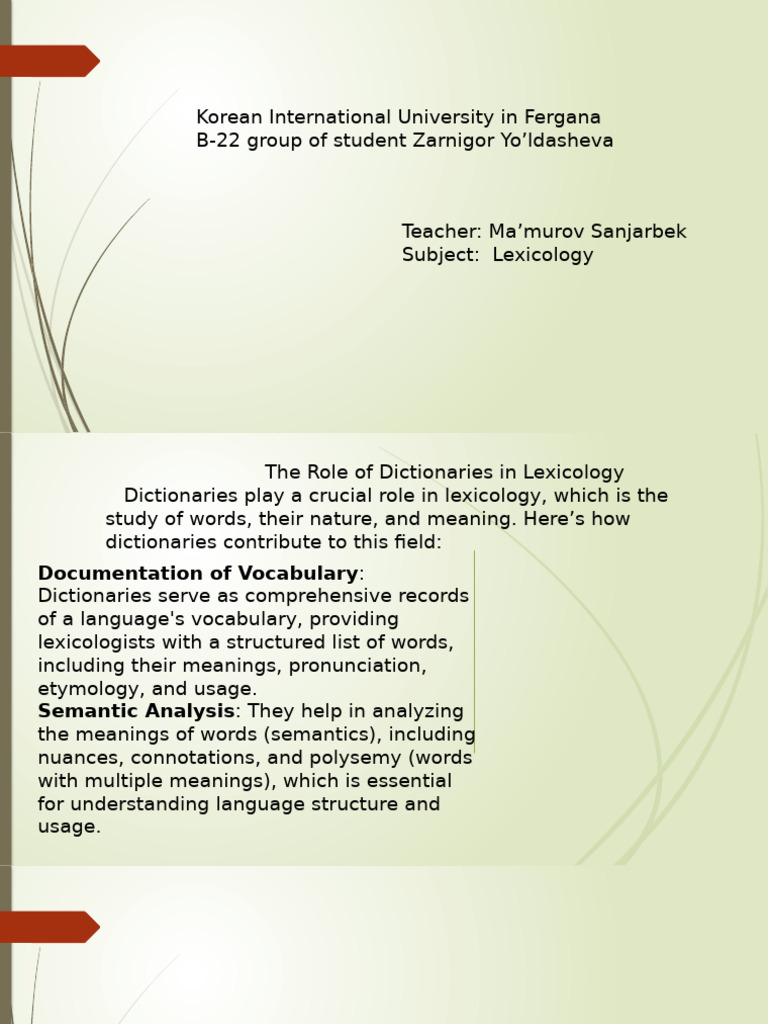 Role of Dictionaries in Lexicology | PDF | Semantics | Lexicology