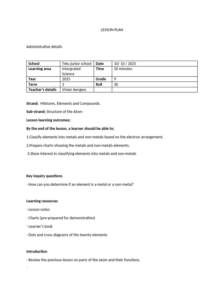 Lesson Plan: Metals vs. Non-Metals | PDF | Lesson Plan | Learning