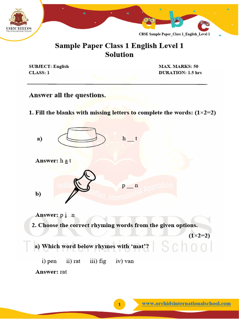 Class 1 English Sample Paper | PDF
