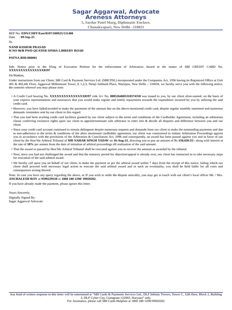 Arbitration Award Enforcement Notice | PDF | Credit Card | Private Law