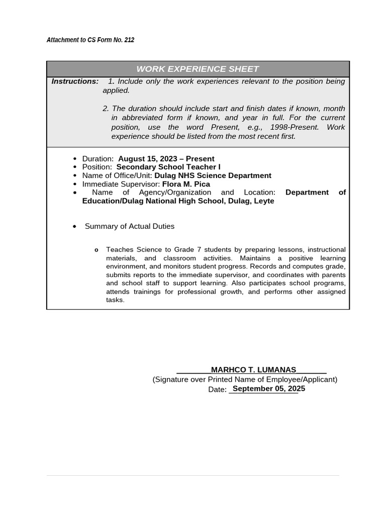 Work Experience Sheet for Teacher Position | PDF | Learning | Teachers