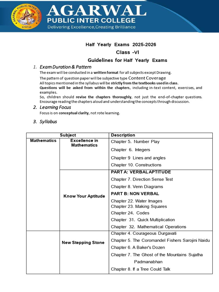 Class 6 Syllabus For Half Yearly Exams | PDF | Linguistics