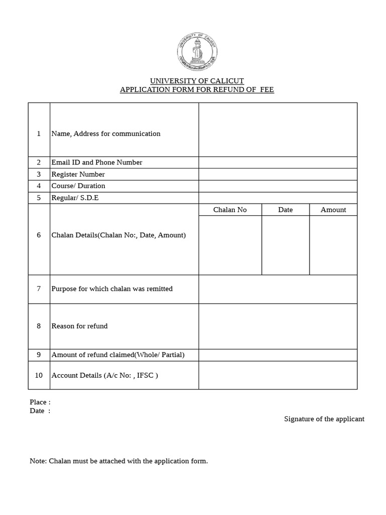 Calicut University Fee Refund Application | PDF