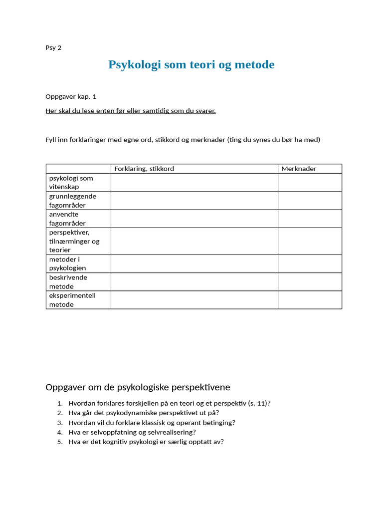 Psy 2 Oppgaver Kap 1 | PDF