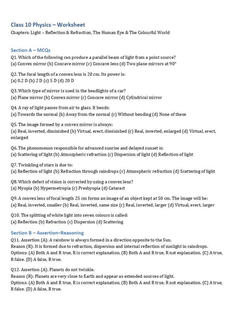 Class 10 Physics: Light & Vision Worksheet | PDF | Rainbow | Mirror