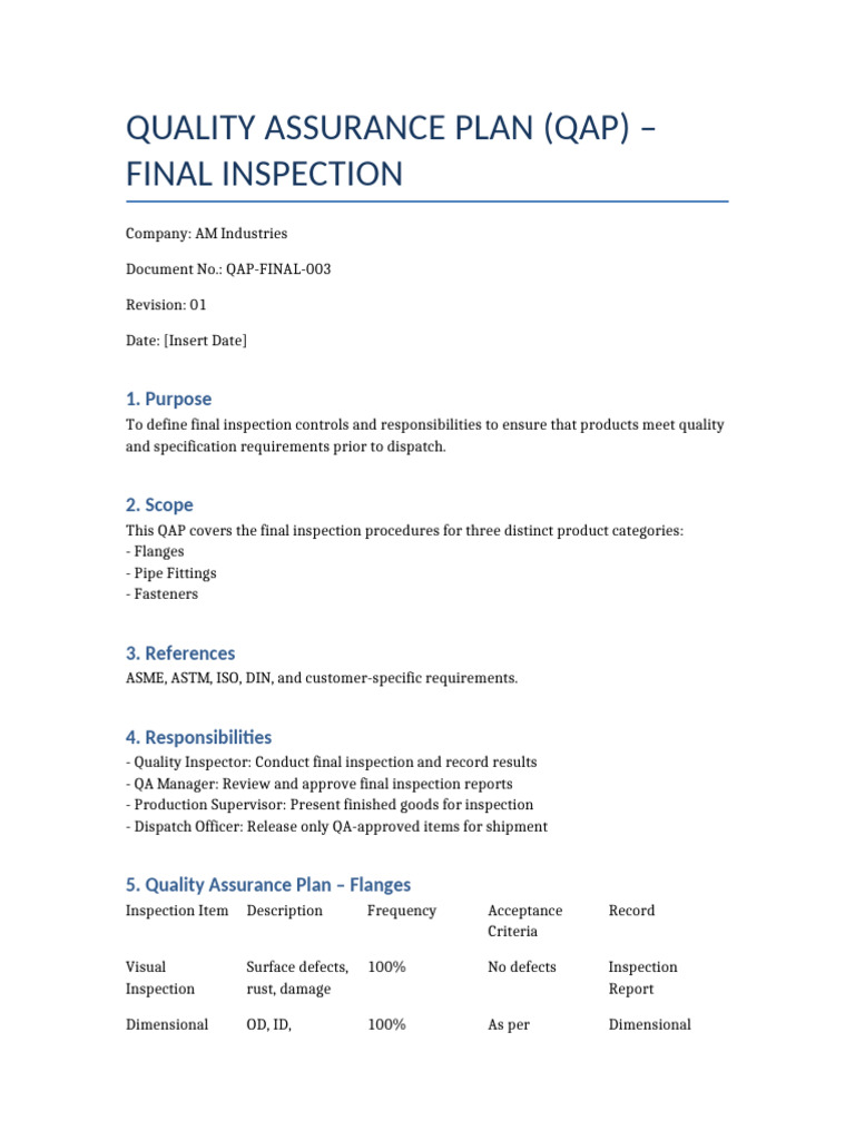 Final Inspection Quality Assurance Plan | PDF | Pipe (Fluid Conveyance ...