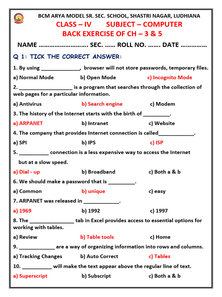 Computer Class IV Back Exercise Guide | PDF | Internet | Software