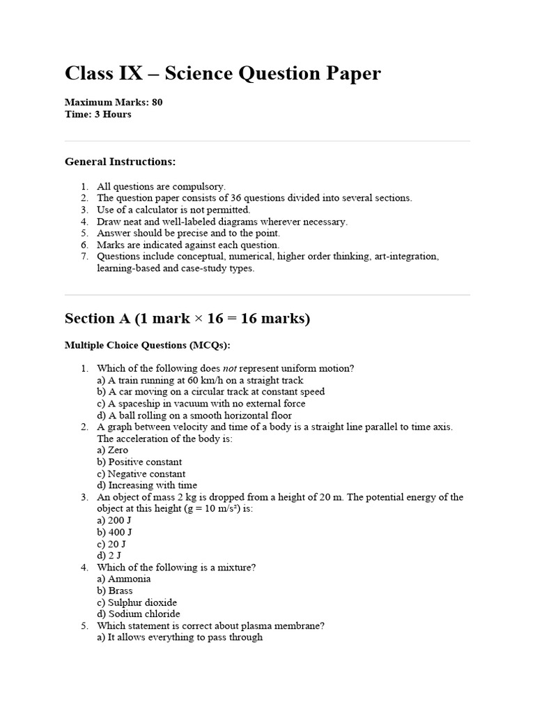 Class IX Science Question Paper Guide | PDF | Force | Mass