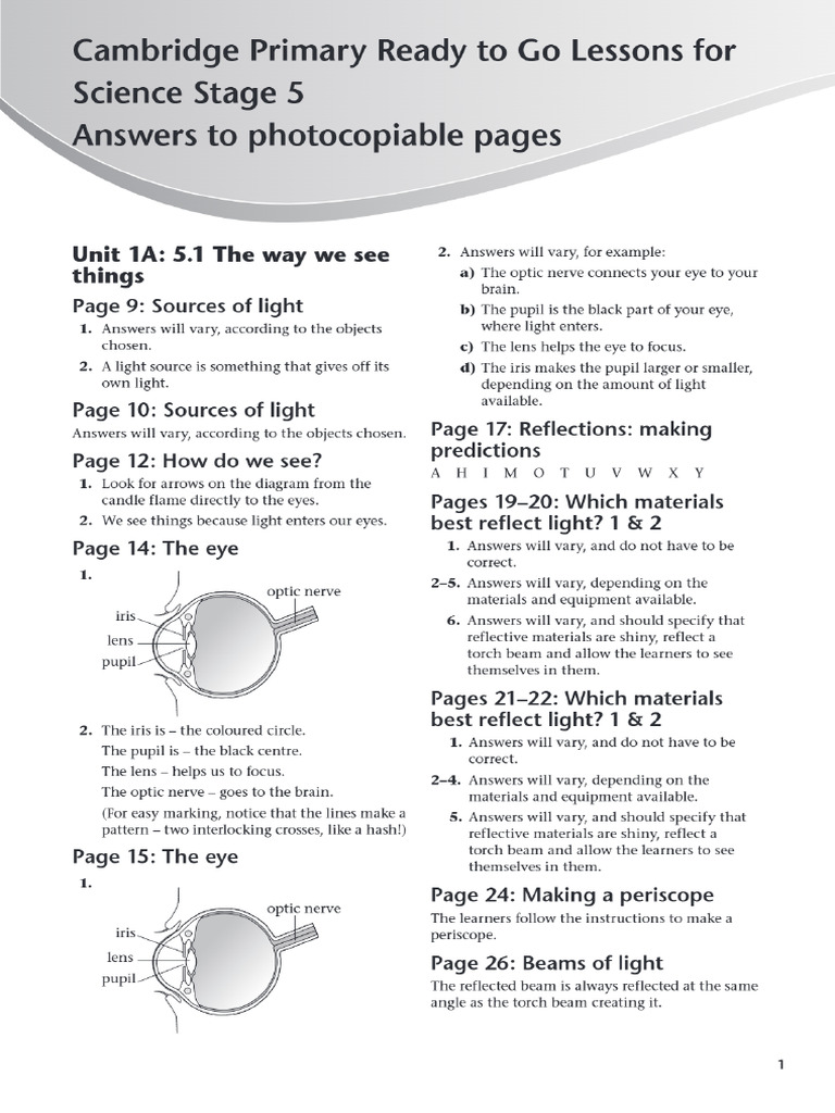 Science Stage 5 Answer Key - Light, Water Cycle, Plant Life | PDF